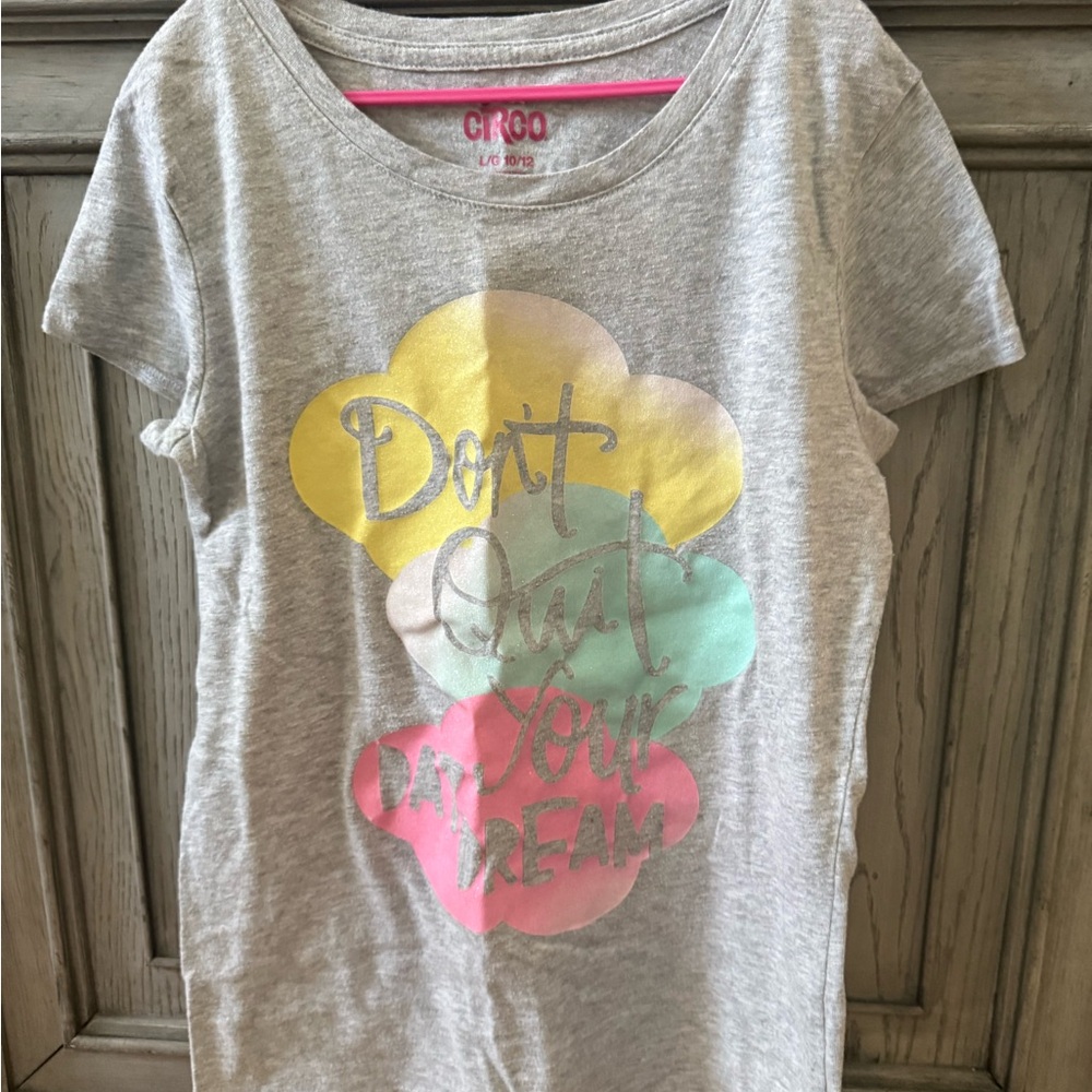 “Worn Once” Size 10/12Gray Kids T-Shirt with Colorful Cloud Design